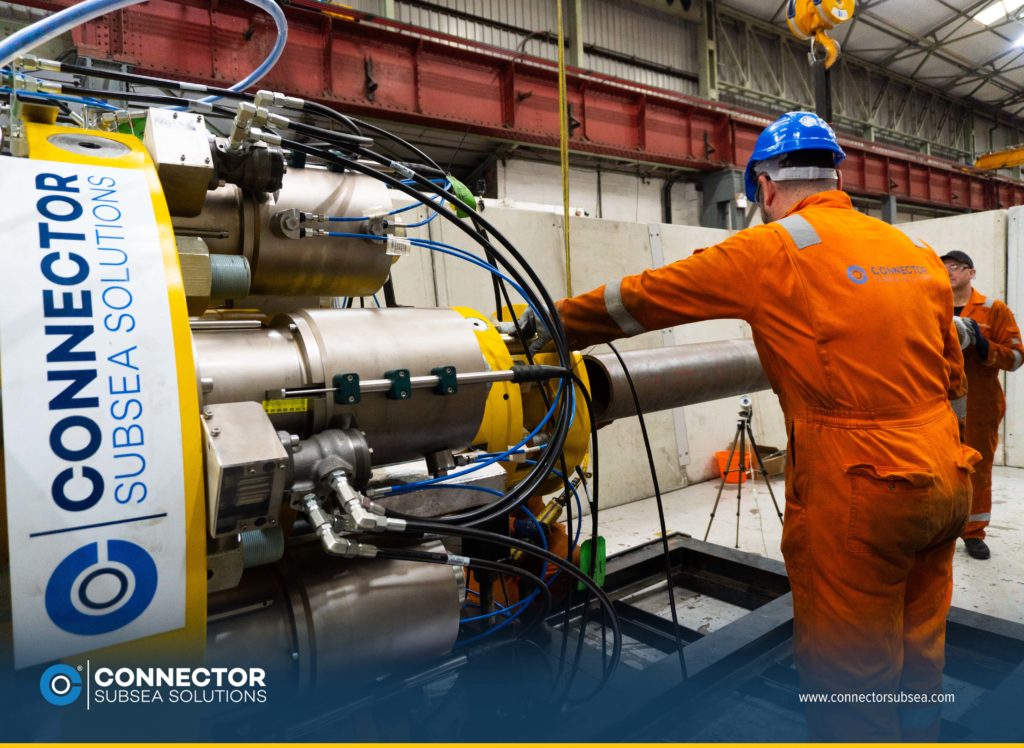 Connector Subsea Solutions (CSS) team of engineers and technicians preparing for an FAT test on a MORGRIP® subsea pipeline connector.
