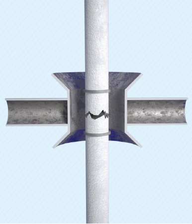 fractured conductor within vertical guide showing break at central